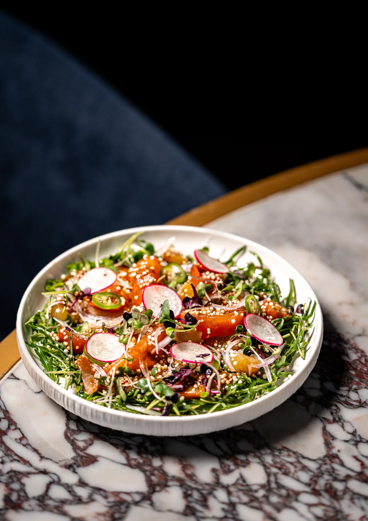 Tomato Salad - Pickled and fresh tomato, umeboshi dressing, bubu ares and cress.